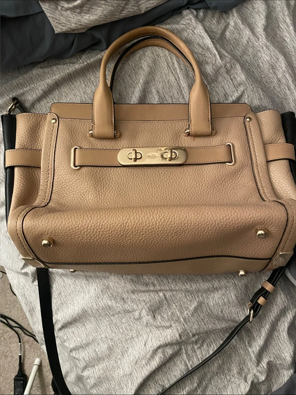 Coach Pebbled Leather Satchel in Taupe and Black with Gold Hardware